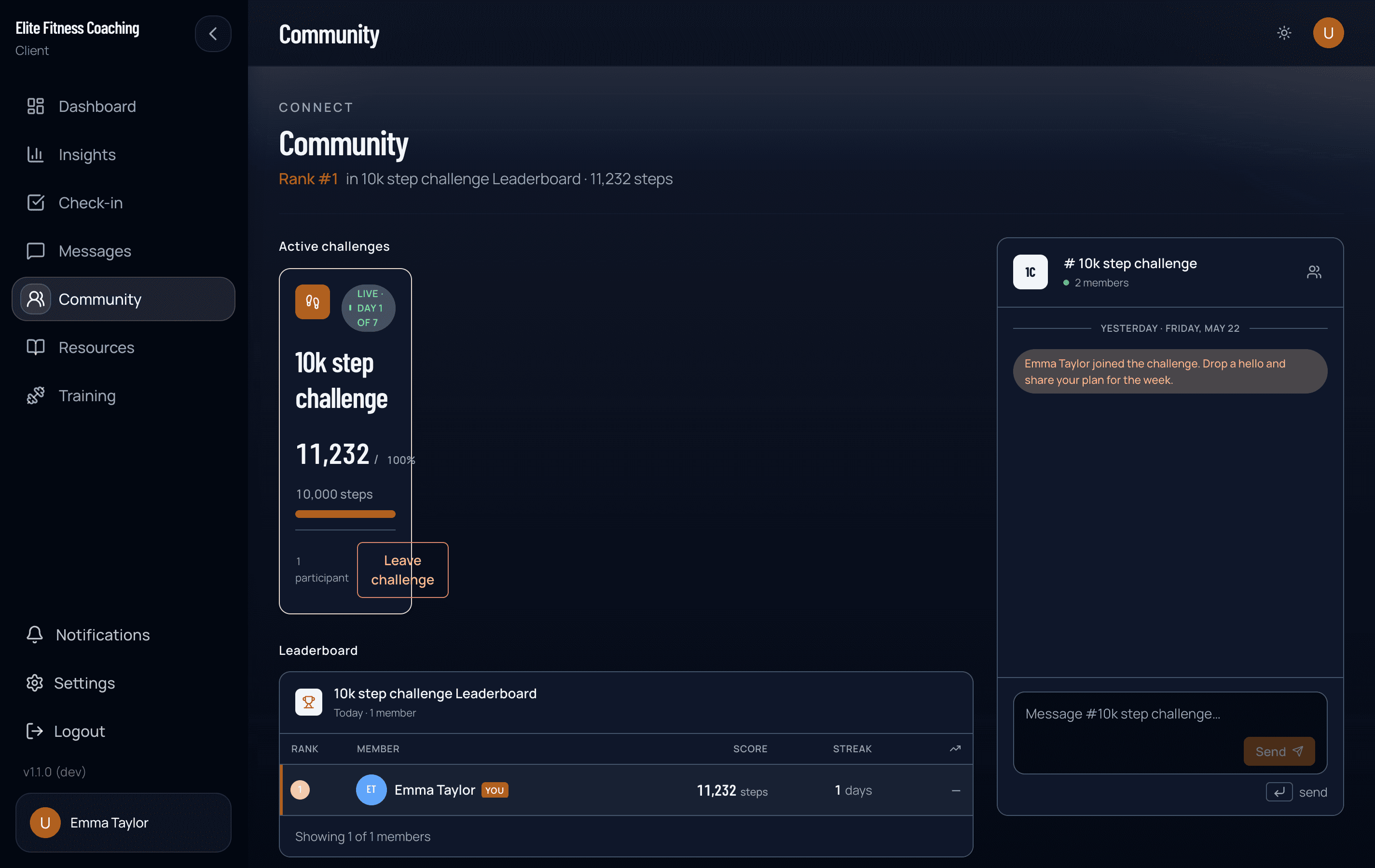 Client Community view with joined challenge and team chat