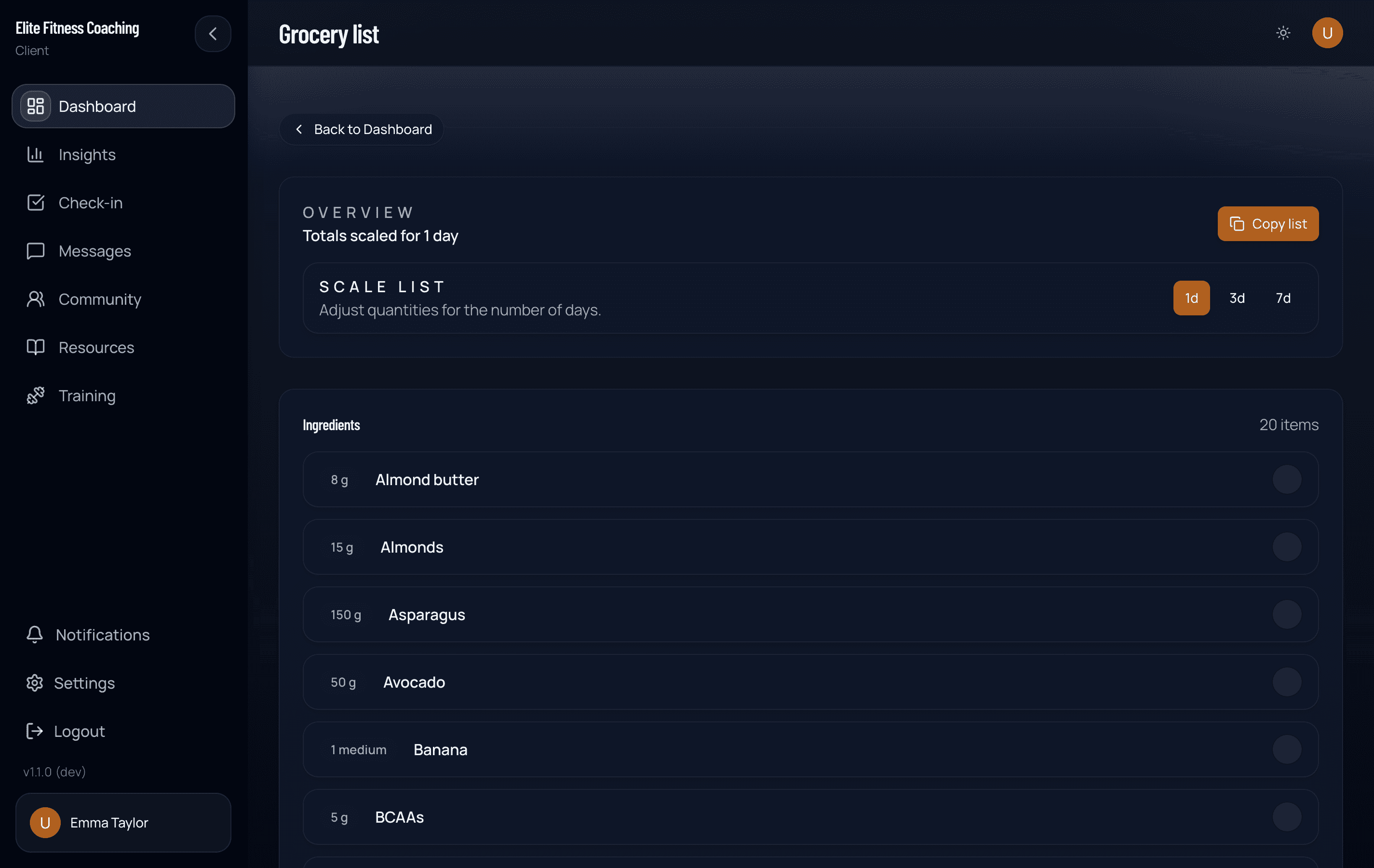 Grocery list with scaled quantities