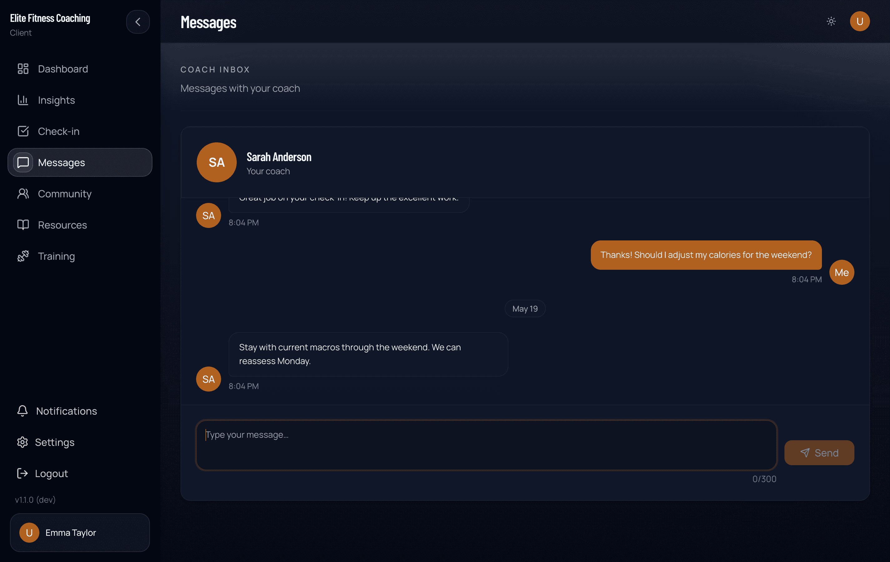 Client Messages with the coach thread