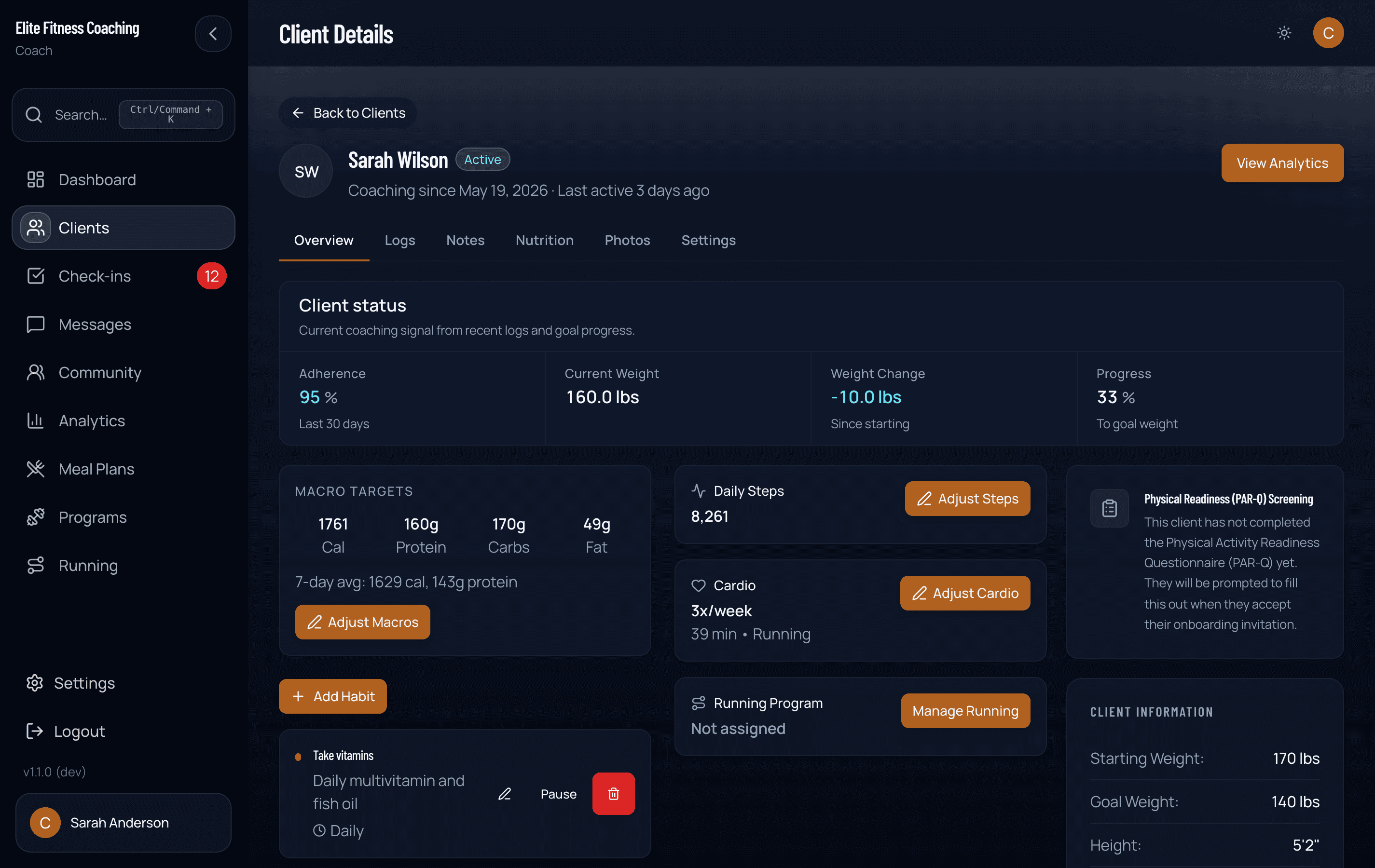 Client detail page, Overview tab
