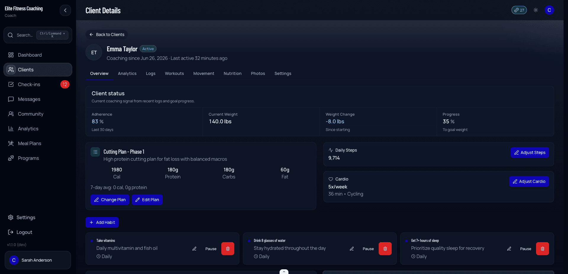 Client detail page, Overview tab