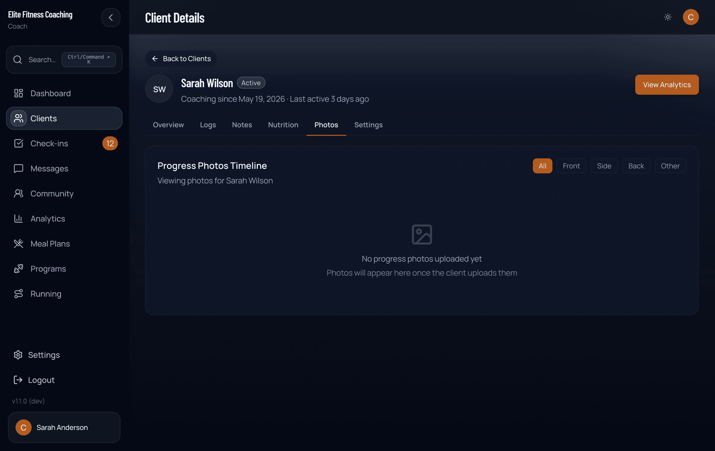 Client detail page, Photos tab