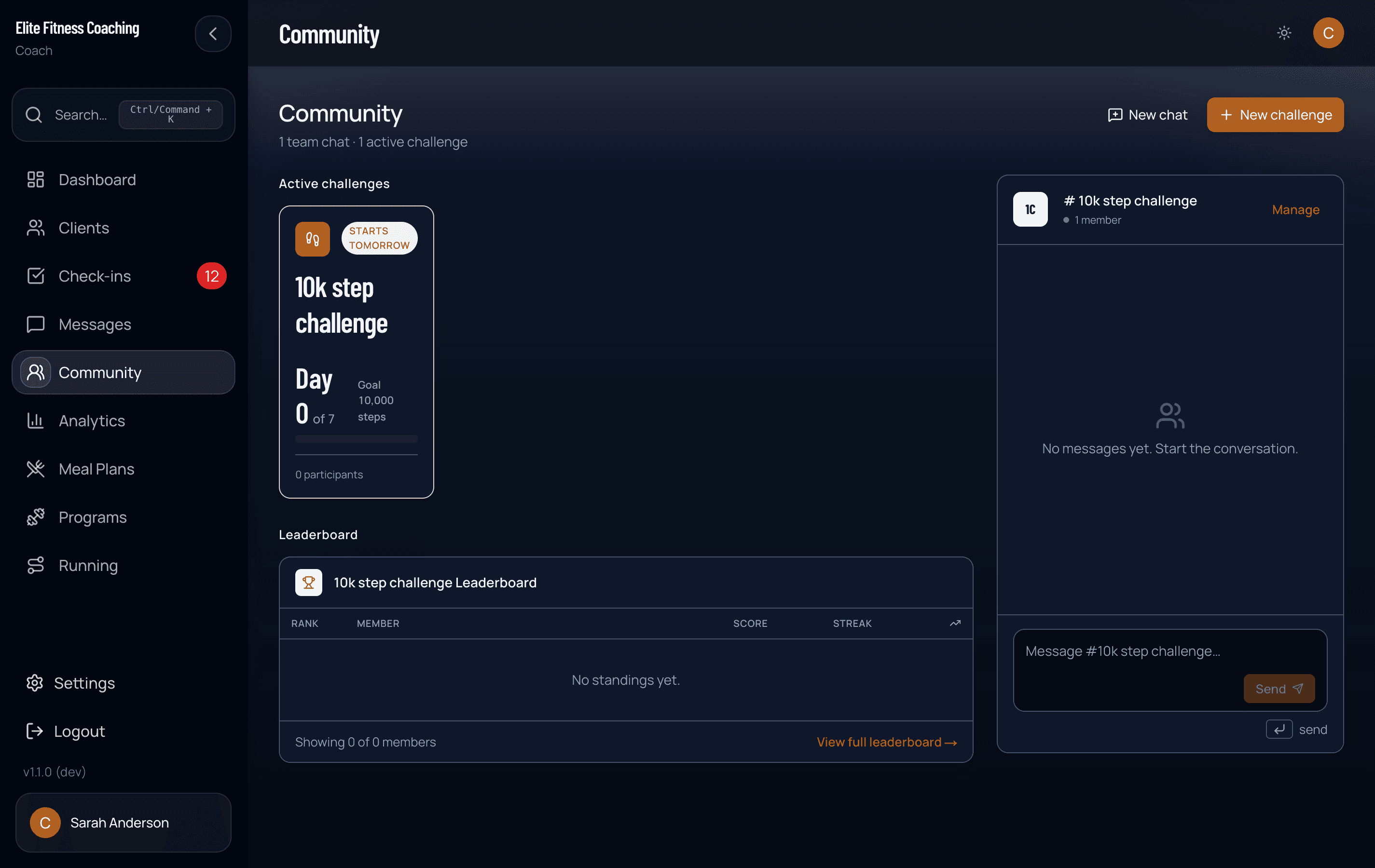 Community hub with a 10k step challenge, leaderboard, and active team chat