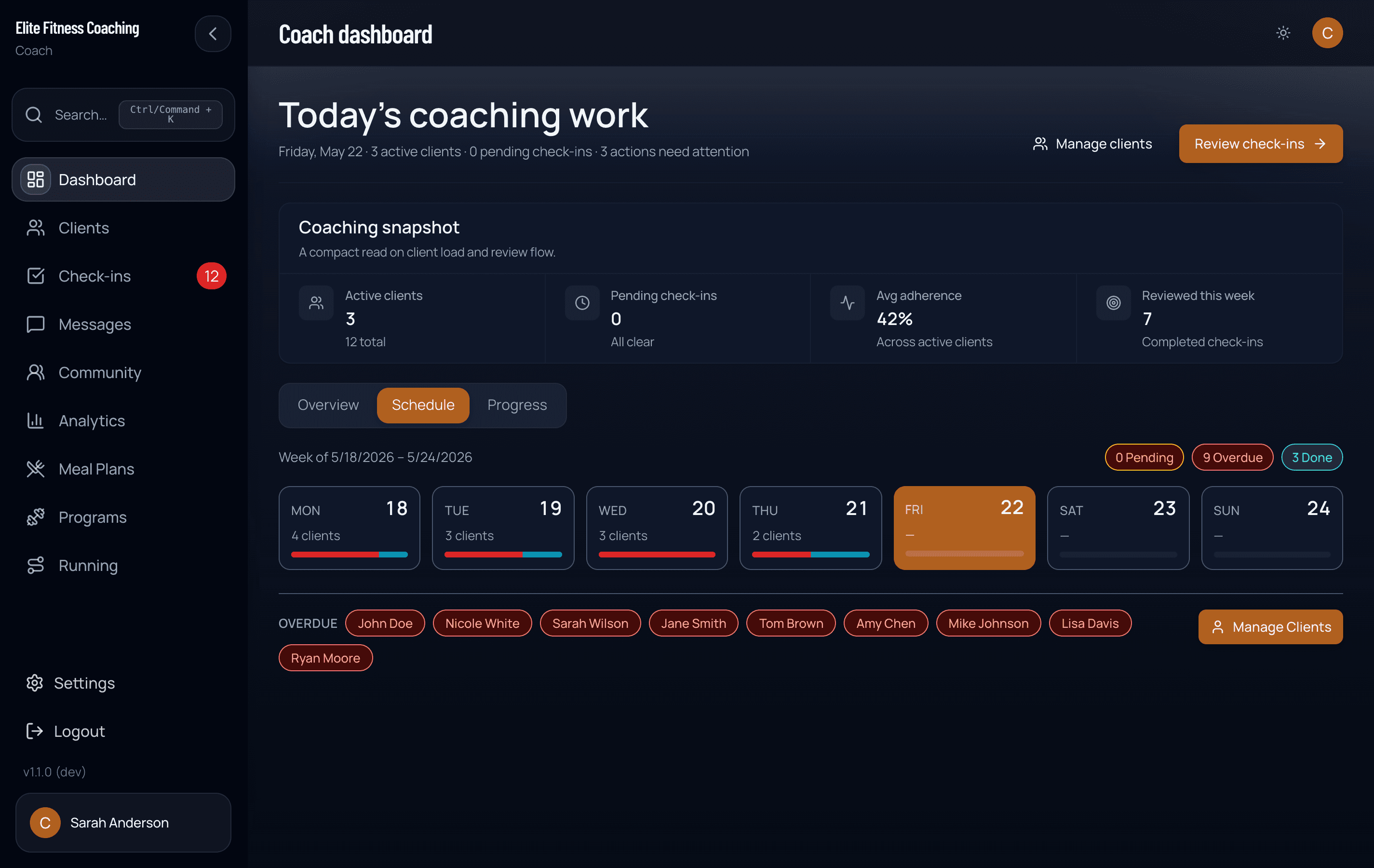 Coach dashboard, Schedule tab
