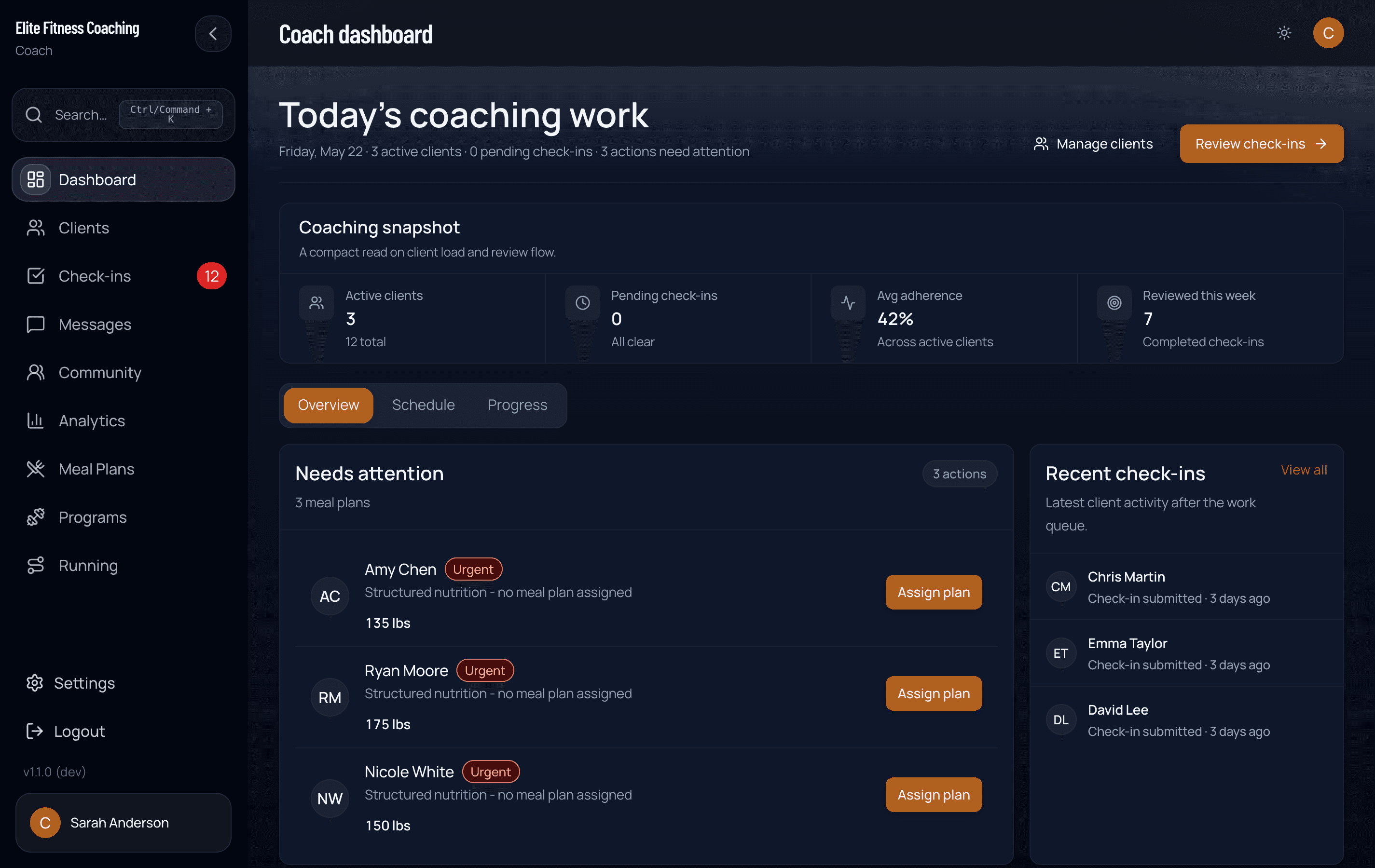 Coach dashboard, Overview tab